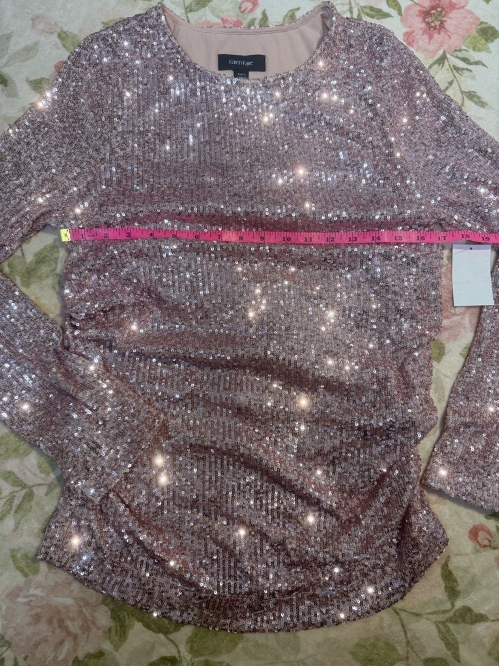 Karen Kane NWT Sequin Shimmer Ruched Sides Long Sleeve Top - Picture 7 of 10